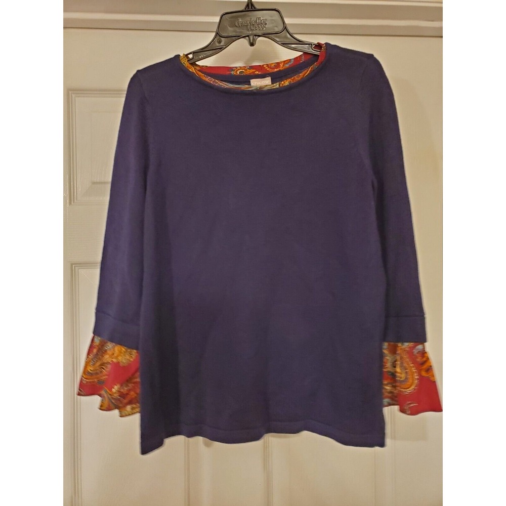 Chico's‎ Size 0 US Size Large Paisley Woven-Sleeve Pullover Sweater Flare Sleeve